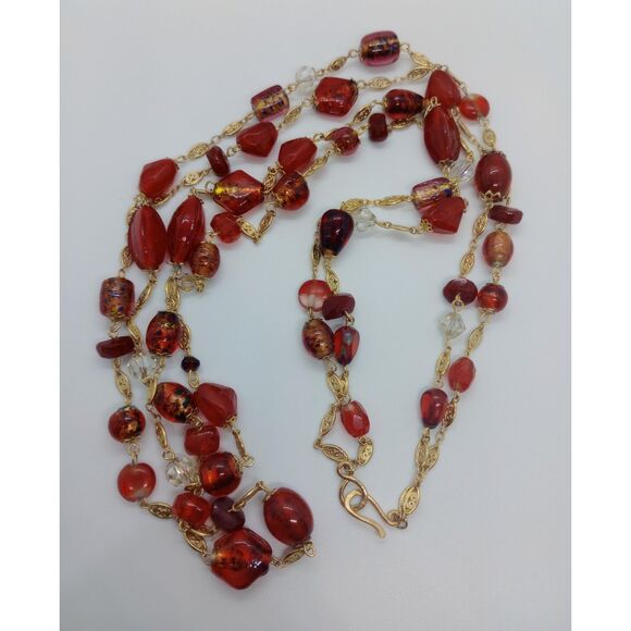 Vtg. 2 Strand Filigree Link Red Orange Murano Style Glass Gold Tone 32" Necklace - Picture 2 of 5